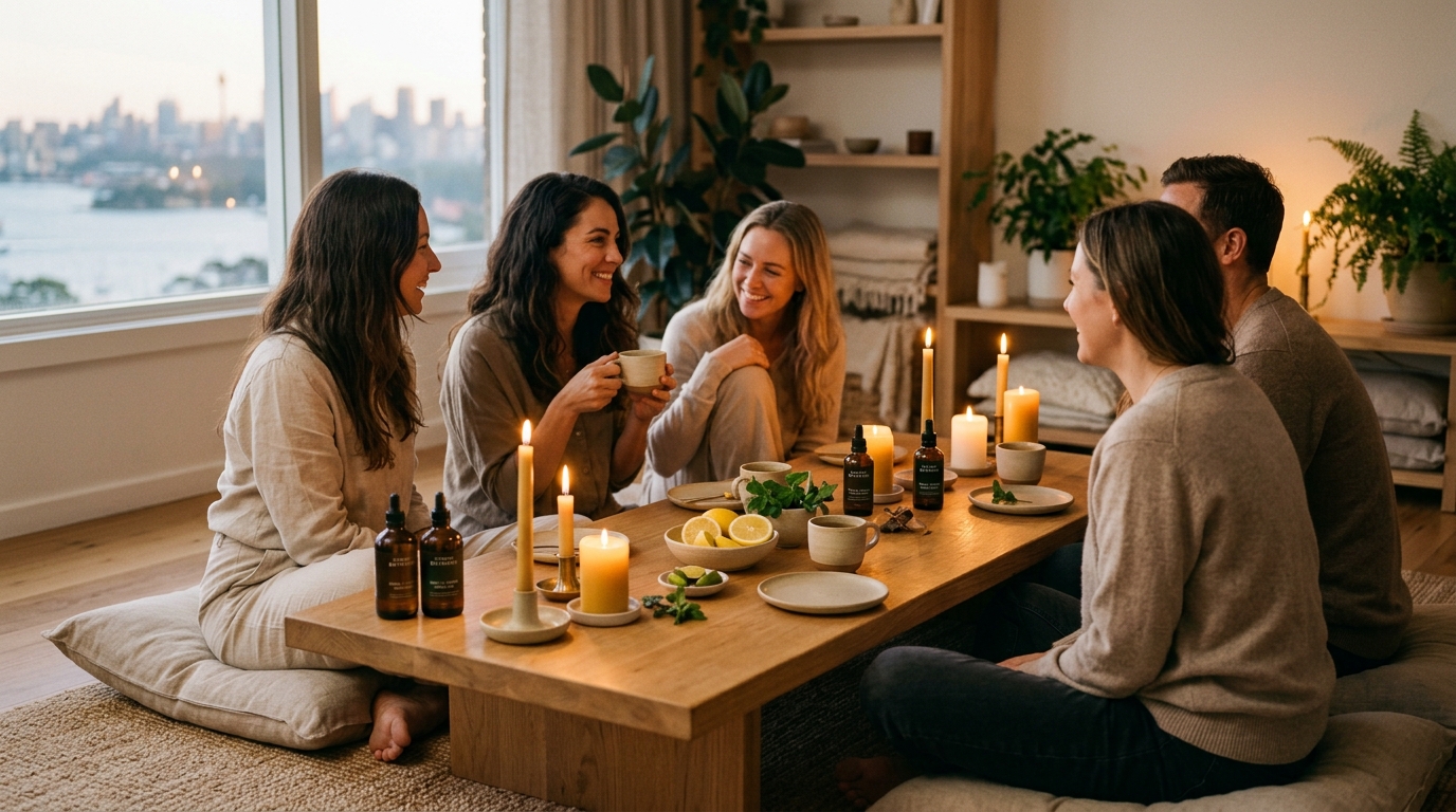 Warm gathering with botanical tea and quiet conversation